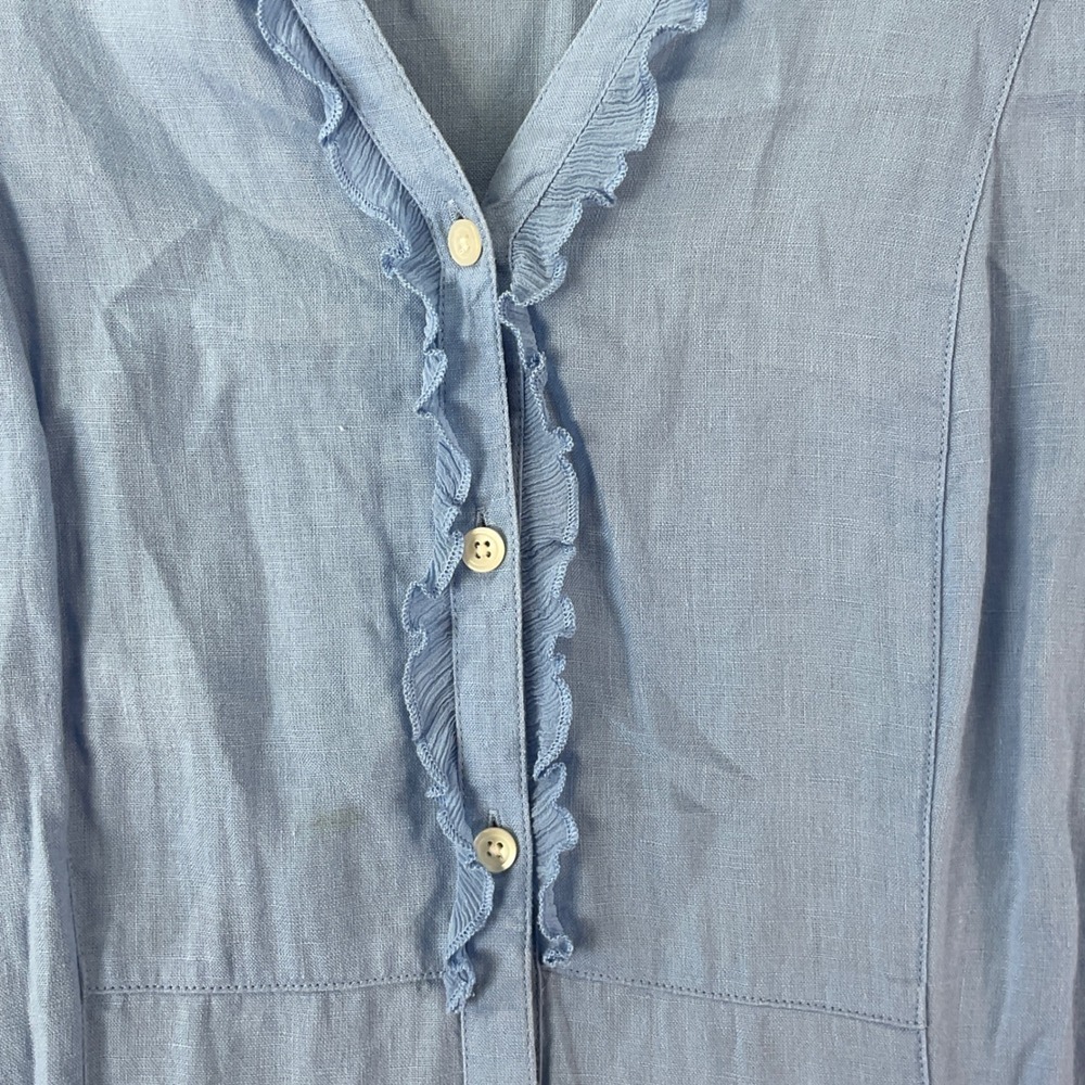 J. Jill Linen Ruffle Button Front Tunic Women Large Blue Long Sleeve Coastal - Picture 3 of 9